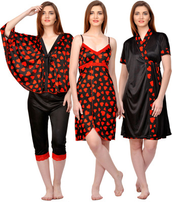 Boosah Women Nighty with Robe(Red, Black)