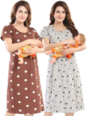 Fabme Women Maternity/Nursing Nighty(Brown, Grey)