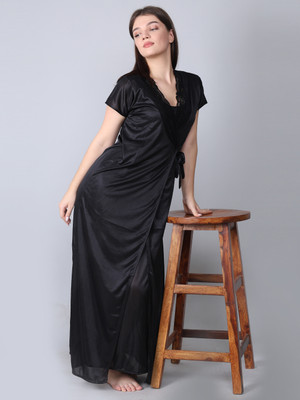 XPIOX Women Nighty with Robe(Black)