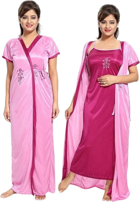 NightBee Women Nighty with Robe(Pink)