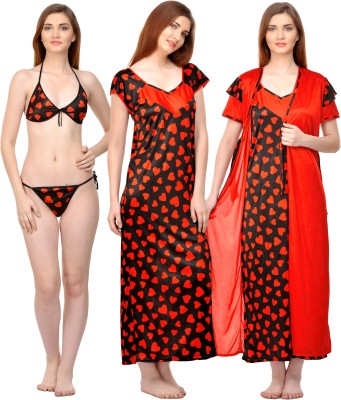 PHALIN Women Nighty with Robe(Red, Black)