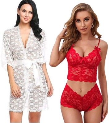 IyaraCollection Women Robe and Lingerie Set(White, Red)