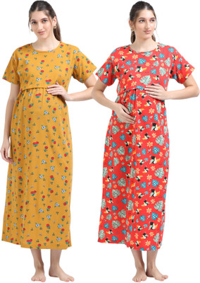 RamApparels Women Maternity/Nursing Nighty(Yellow, Red)