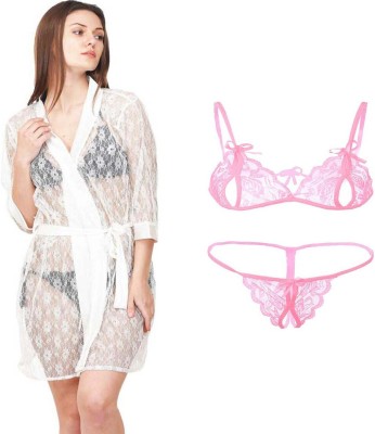 Fashion Count Women Robe and Lingerie Set(White, Pink)