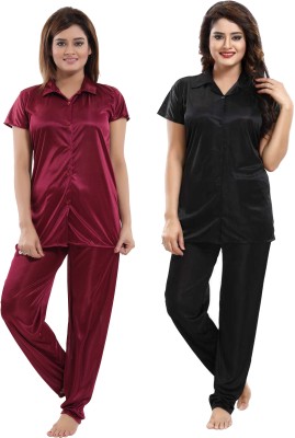 SHOPPING STATION Women Solid Black, Maroon Night Suit Set