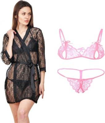 Lovie's Women Robe and Lingerie Set(Black, Pink)