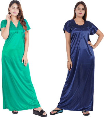 INSTRY Women Nighty Set(Dark Blue, Light Green)