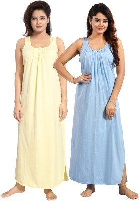 INNER BEATS Women Nighty Set(Yellow, Blue)