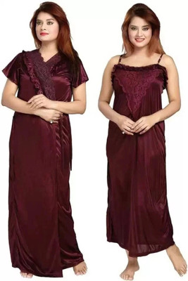 GLOUTO Women Nighty with Robe(Brown)