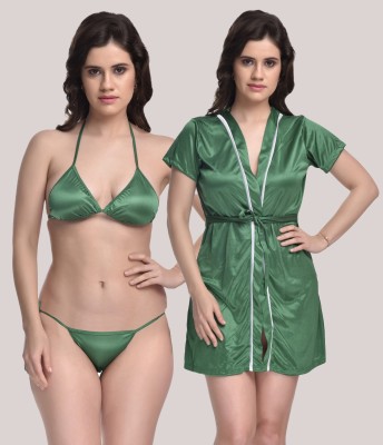 TIPSDRAW Women Robe and Lingerie Set(Green)