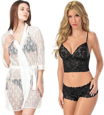 Lovie's Accessories Women Robe and Lingerie Set(White, Black)