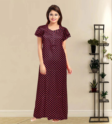 The Ravi Gold Print Women Nighty(Maroon)