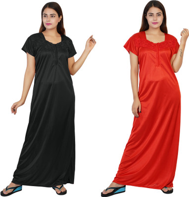 EGET Women Nighty(Black, Red)