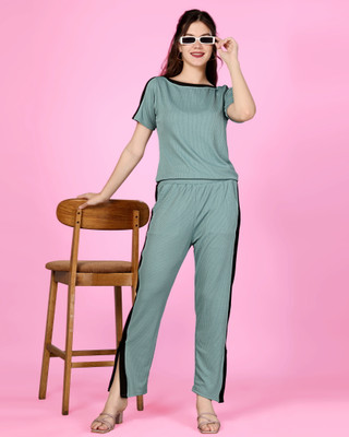 HouseOfCommon Women Colorblock Light Green Top & Pyjama Set