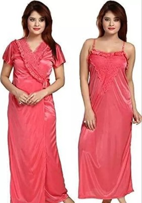 KS TRADERS Women Nighty with Robe(Red)