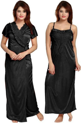 HouseOfCommon Women Nighty with Robe(Black)