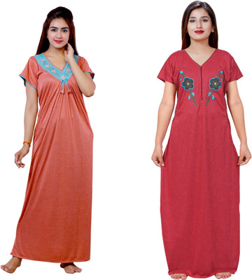 NACNO Women Nighty(Maroon, Orange)