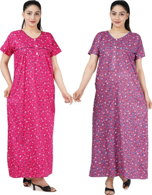 FAVNIC Women Nighty Set(Pink, Purple)