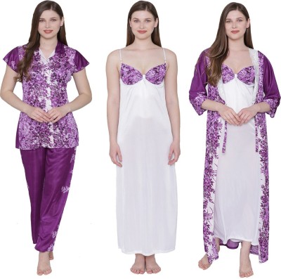 ROWENA Women Nighty Set(Purple, White)