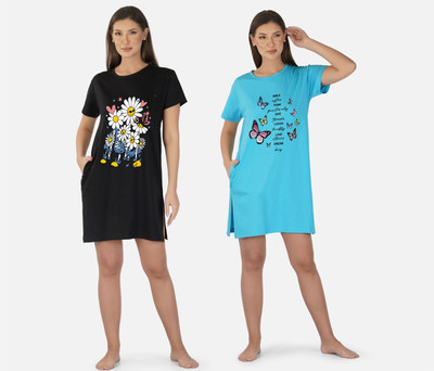 DreamBe Women Nightshirts(Black, Light Blue)