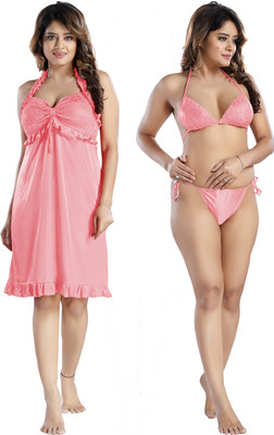 HouseOfCommon Women Robe and Lingerie Set(Pink)