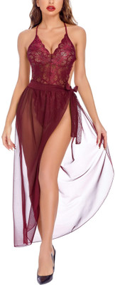 FEBEUL Women Nighty with Robe(Maroon)
