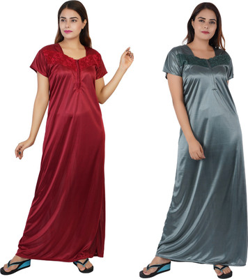 NACNO Women Nighty Set(Maroon, Grey)