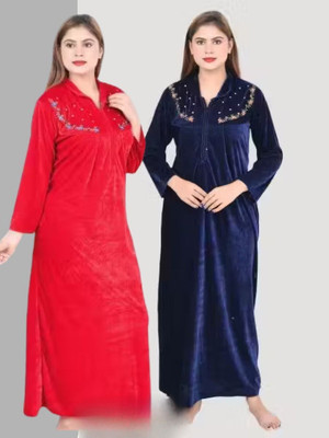 CLOTHUS Women Nighty with Robe(Dark Blue, Red)