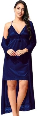 Piyulax Women Nighty with Robe(Dark Blue)