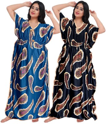 Khushi Print Women Nighty Set(Black, Blue)