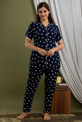 METRONAUT Women Printed Blue Night Suit Set