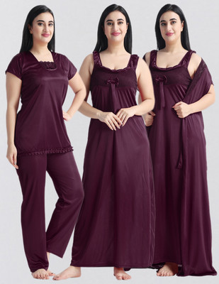 NIGHT KEYS Women Nighty with Robe(Brown)