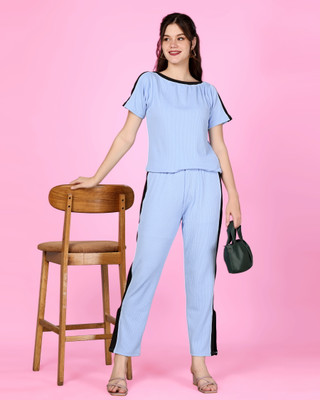 HouseOfCommon Women Striped Light Blue Top & Pyjama Set