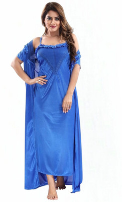 HouseOfCommon Women Nighty with Robe(Blue)
