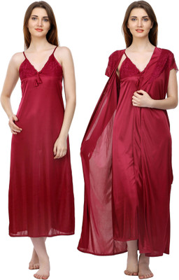 ROWENA Women Nighty with Robe(Maroon)