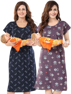 Fabme Women Maternity/Nursing Nighty(Dark Blue, Purple)