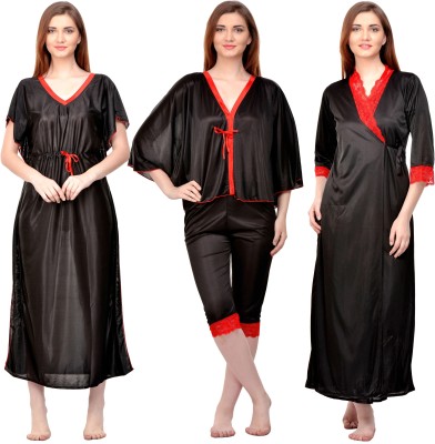 ROWENA Women Nighty with Robe(Black)