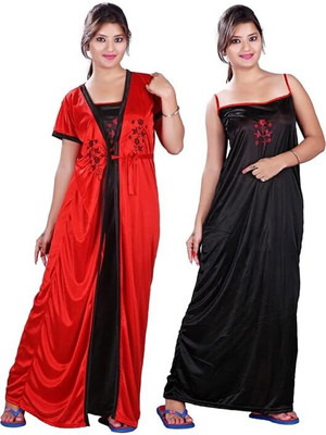 NightBee Women Nighty with Robe(Red)