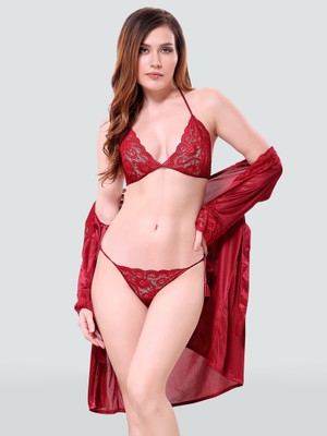 DreamBe Women Robe and Lingerie Set(Maroon)