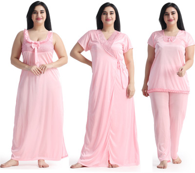 NIGHT KEYS Women Nighty with Robe(Pink)