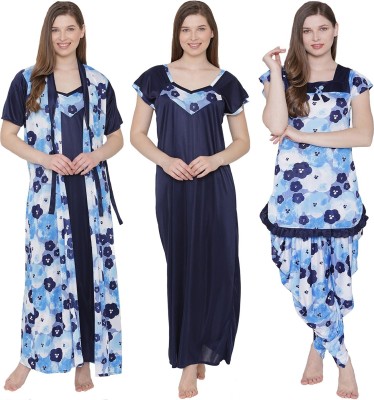 PHALIN Women Nighty Set(Light Blue, Dark Blue)