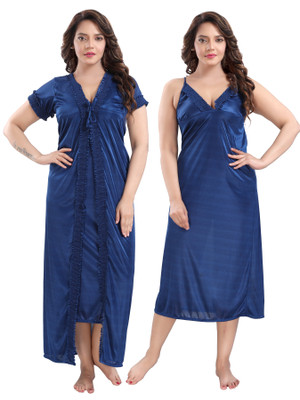 SHLOKE Women Nighty with Robe(Dark Blue)