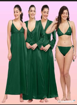 chui mui Women Nighty with Robe(Dark Green)