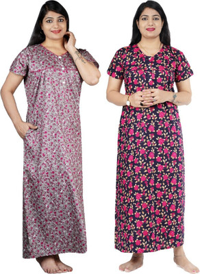 FAVNIC Women Nighty Set(Grey, Pink)