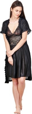 Boosah Women Nighty with Robe(Black)