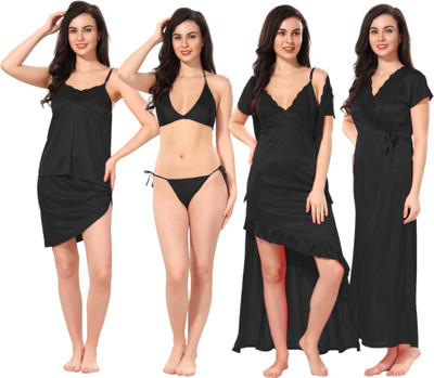 SIAMI Women Nighty Set(Black)