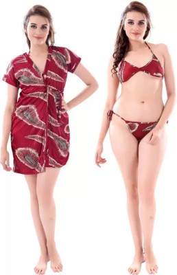 THUMKA Women Robe and Lingerie Set(Maroon)