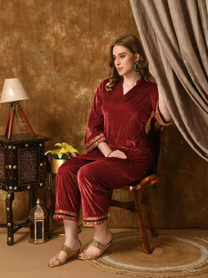 raniindustries Women Solid Maroon Night Suit Set