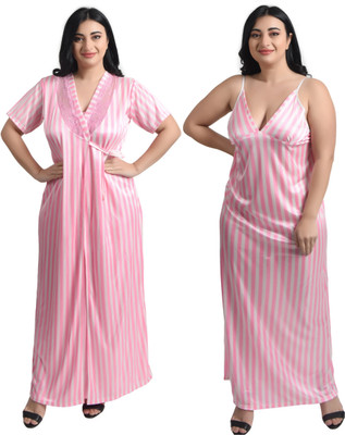 CAT LEYER Women Nighty with Robe(Pink)
