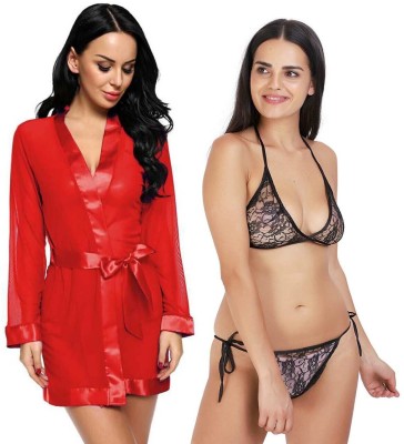 Lovie's Accessories Women Robe and Lingerie Set(Red, Black)